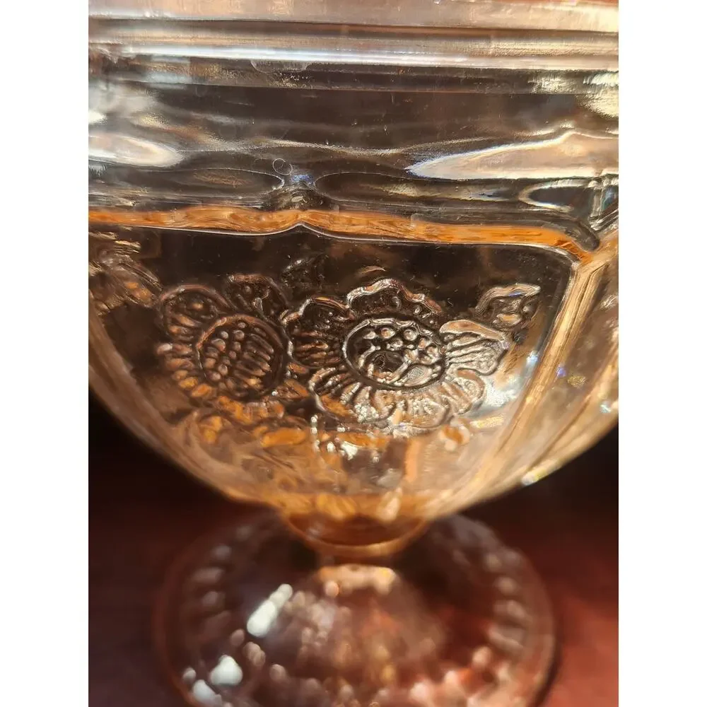 Vintage Pink Depression Glass Footed Covered Candy Dish Floral Medallion Design